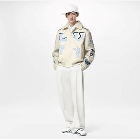 Jaqueta Louis Vuitton Varsity Em Couro Bordada “Multi-Patches Mixed/Milky White”