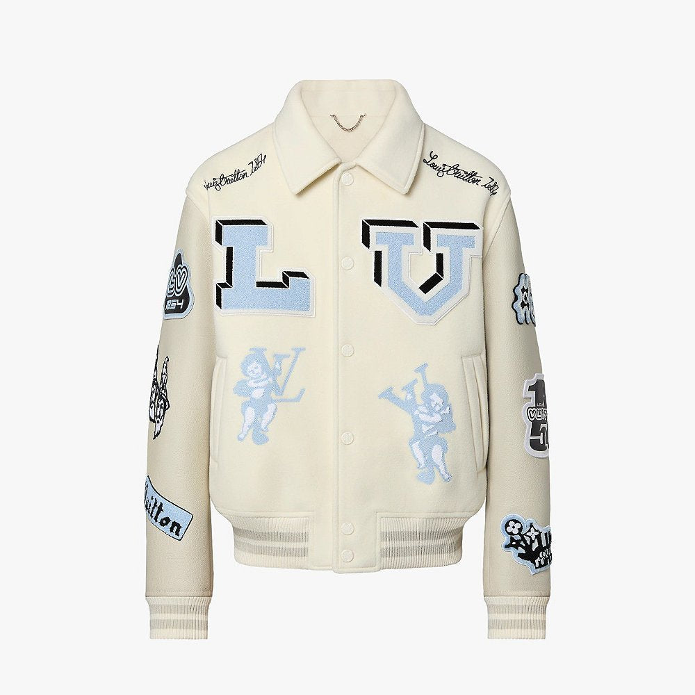 Jaqueta Louis Vuitton Varsity Em Couro Bordada “Multi-Patches Mixed/Milky White”